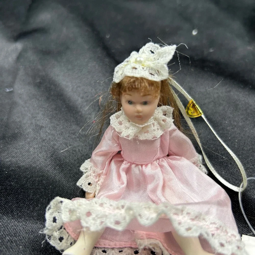 Vintage Miniature Porcelain Doll Ornament Pink Lace Victorian Dress 4 inch